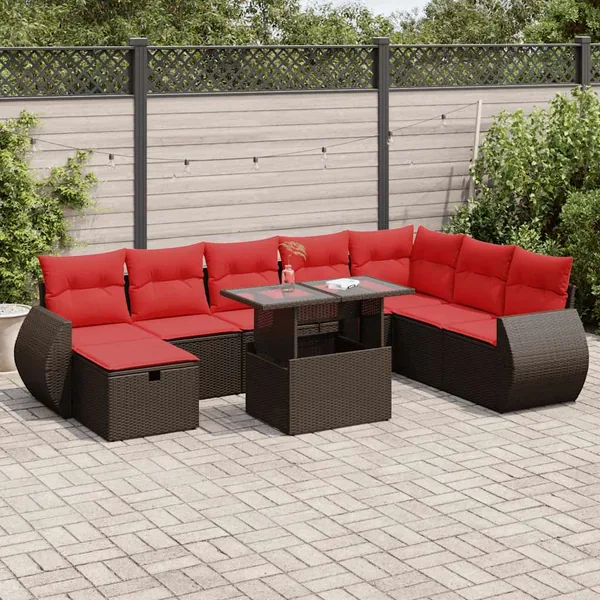 Salon de jardin avec coussins 9 pcs noir résine tressée acacia