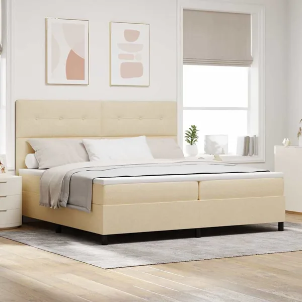 Lit à ressorts avec tête de lit Crème 200 x 200 cm tissu