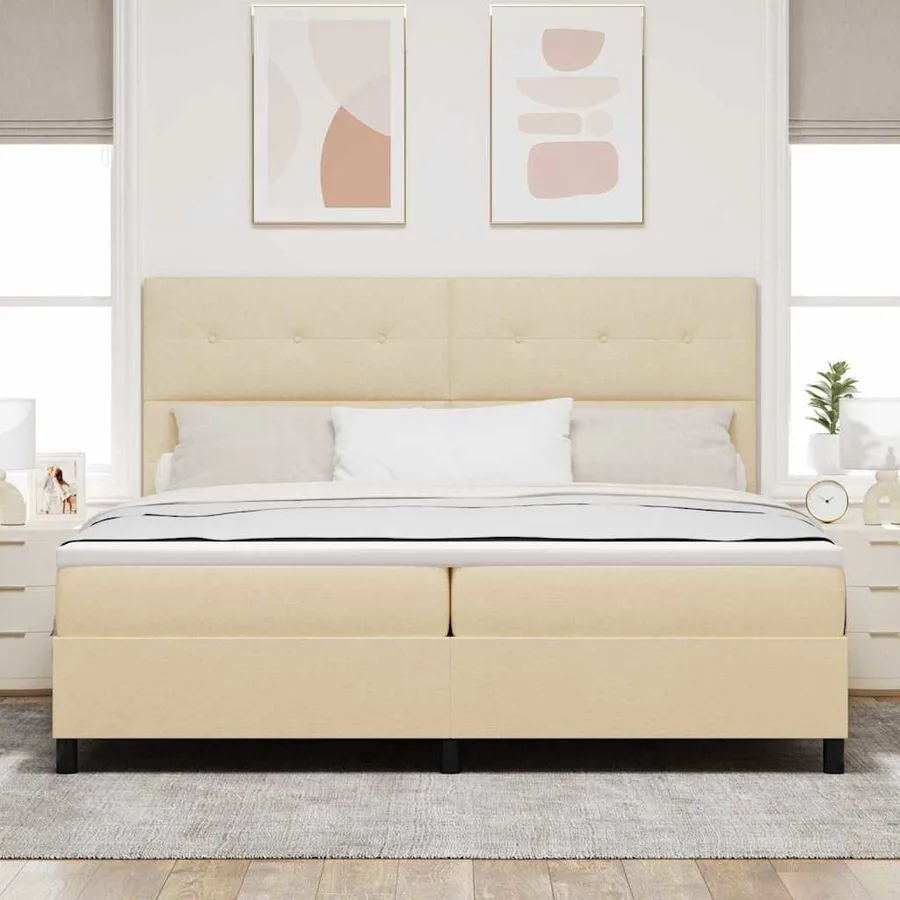 Lit à ressorts avec tête de lit Crème 200 x 200 cm tissu - 3