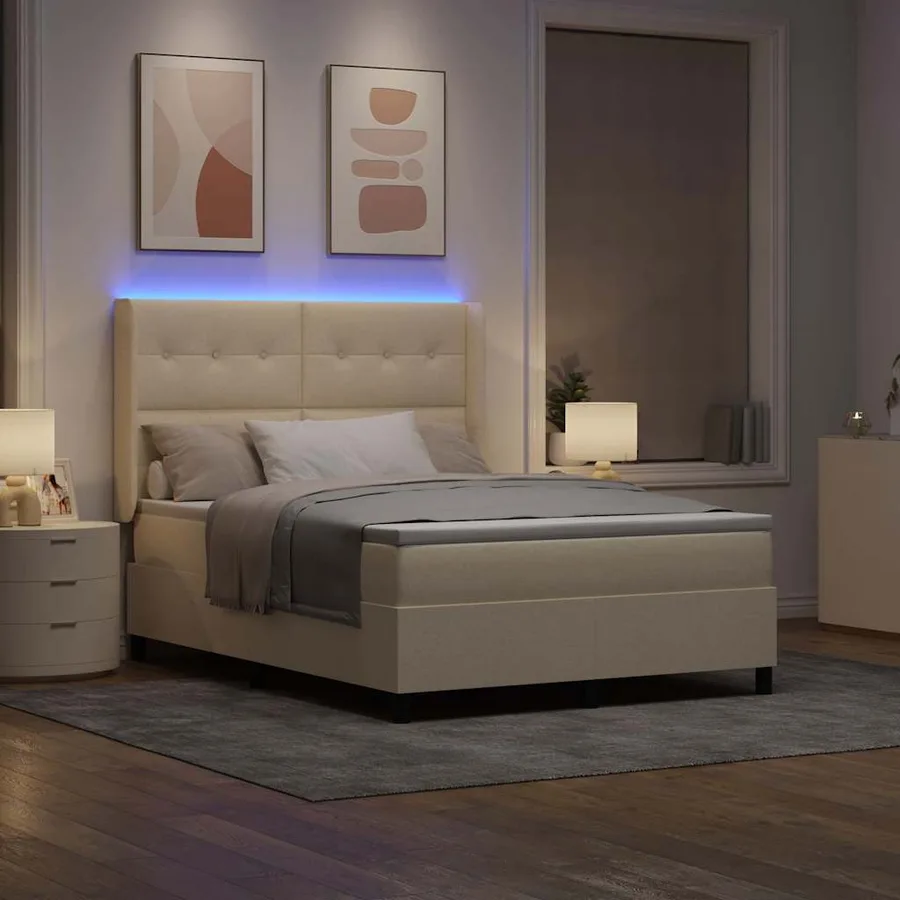Lit à ressort LED avec tête de lit Crème 140 x 190 cm tissu - 5