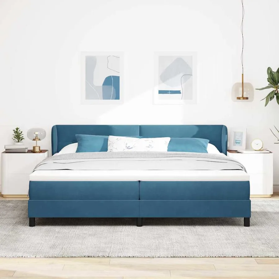 Lit à ressorts avec tête de lit Bleu foncé 200 x 200 cm Velours - 3