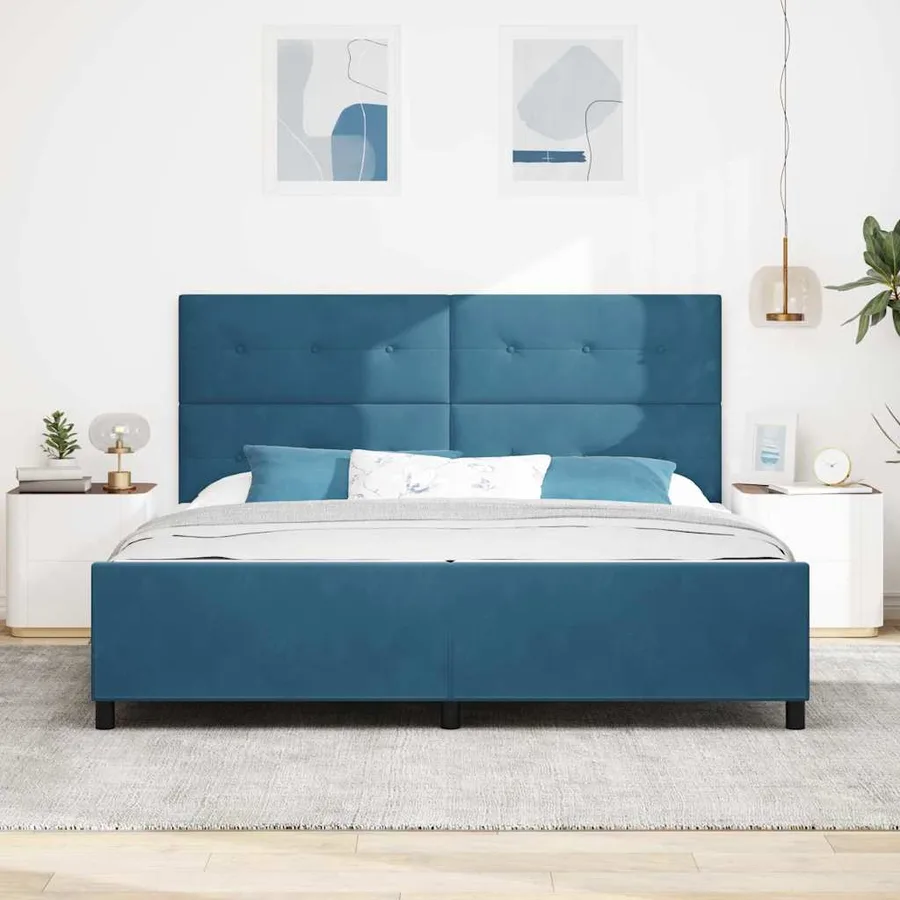Lit à ressorts avec tête de lit Bleu foncé 200 x 200 cm Velours - 3