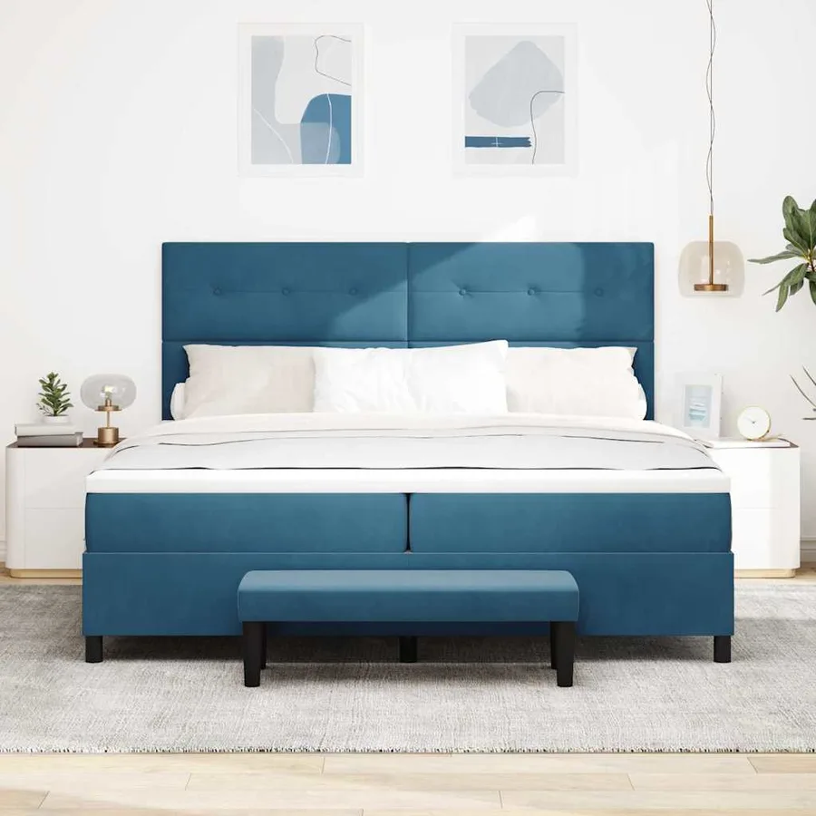 Lit à ressorts avec tête de lit Bleu foncé 200 x 200 cm Velours - 3