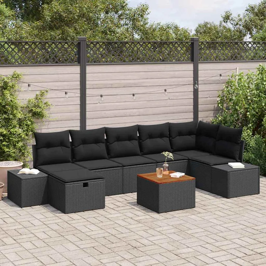 Ensemble de canapé de jardin avec coussin 8 pcs Noir Poly rotin