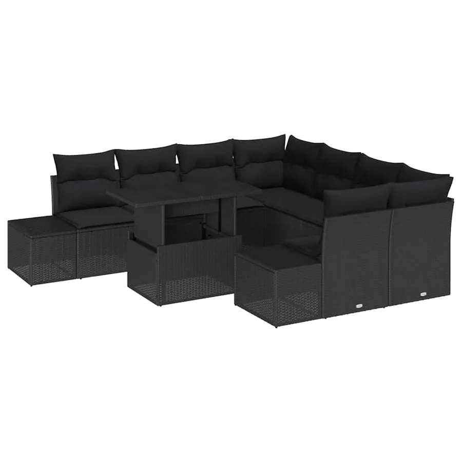 Ensemble de canapé de jardin avec coussin 9 pcs Noir polyrotin - 2