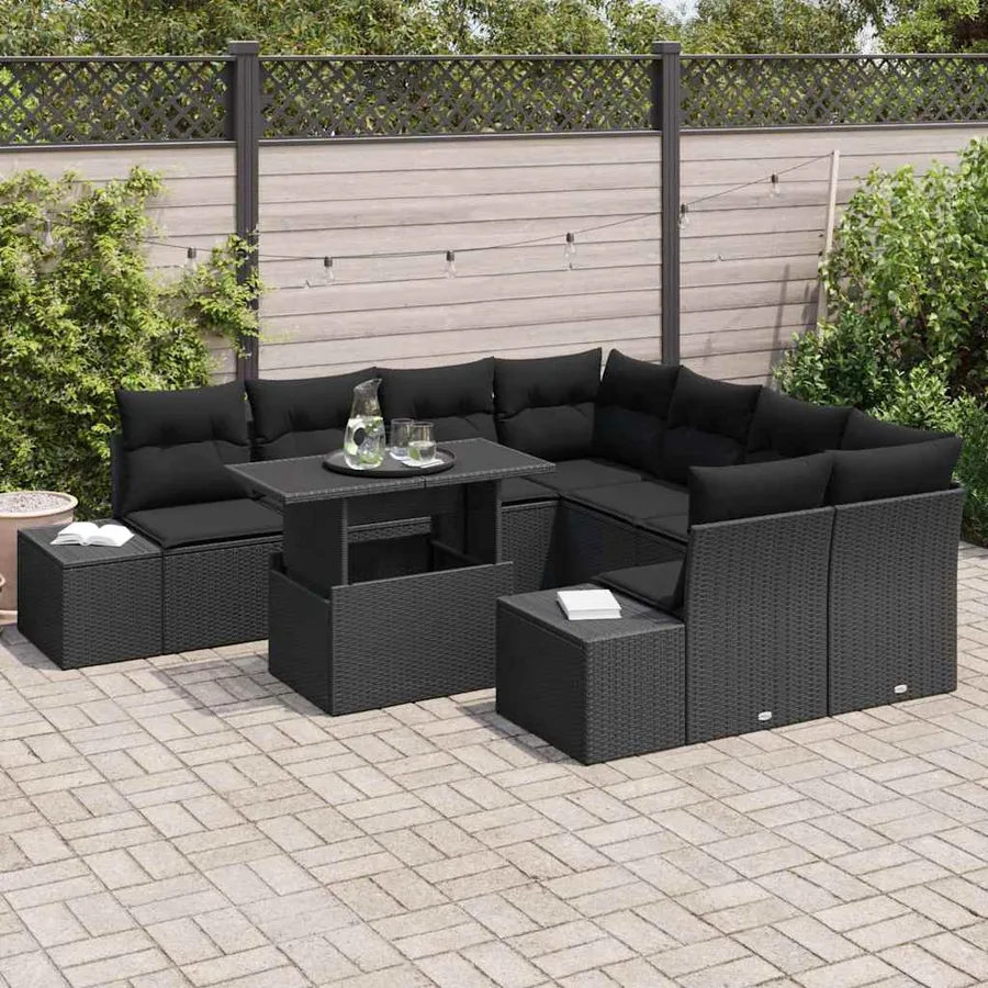 Ensemble de canapé de jardin avec coussin 9 pcs Noir polyrotin - 3