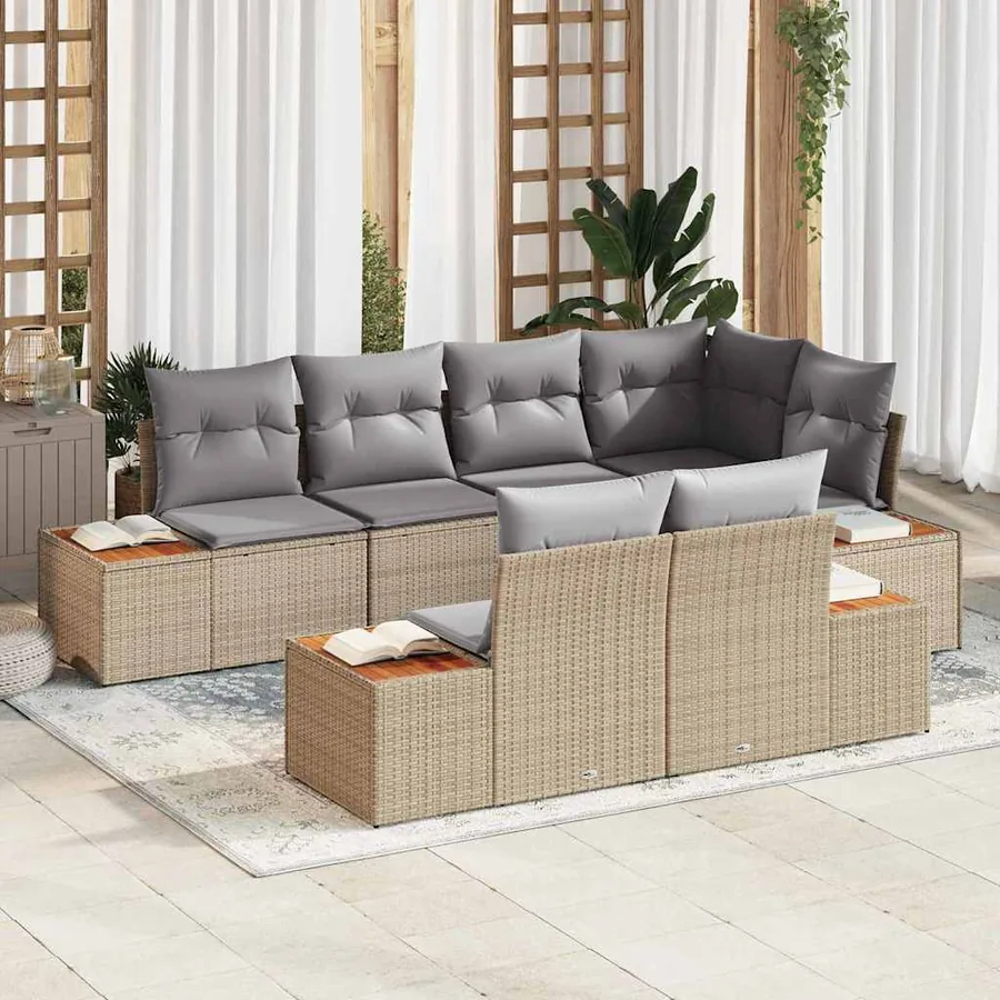 Ensemble de canapé de jardin avec coussin 7 pcs Beige polyrotin