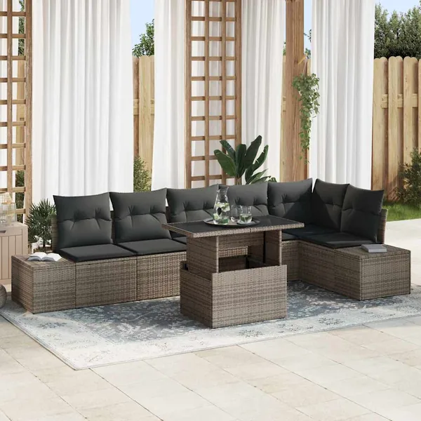 Ensemble de canapé de jardin avec coussin 7 pcs Gris polyrotin
