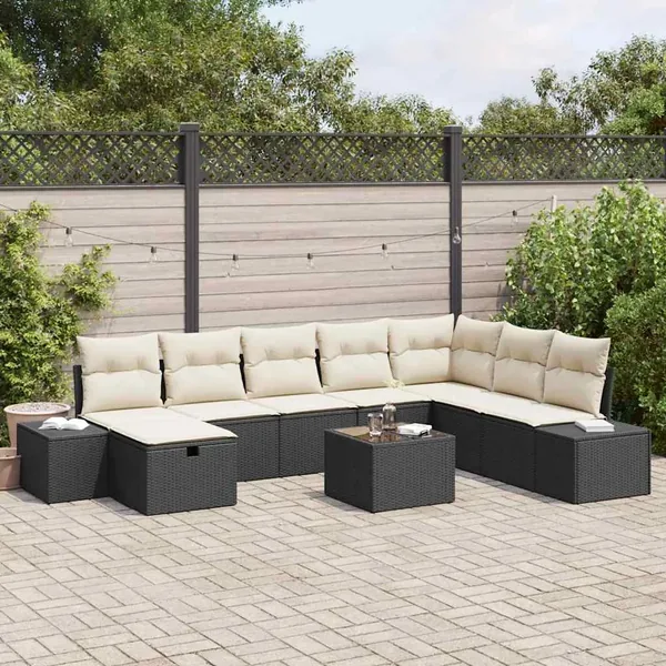 Ensemble de canapé de jardin 9 pcs Noir Poly rotin