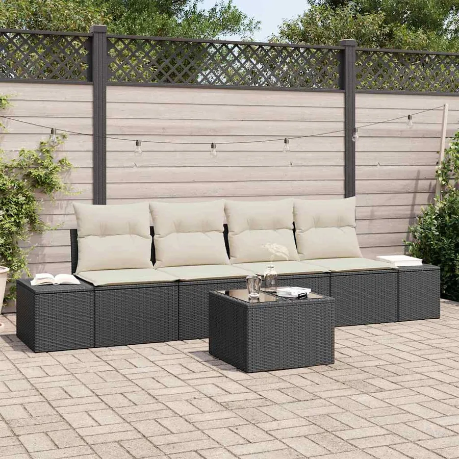 Ensemble de canapé de jardin 5 pcs Noir et Crème polyrotin