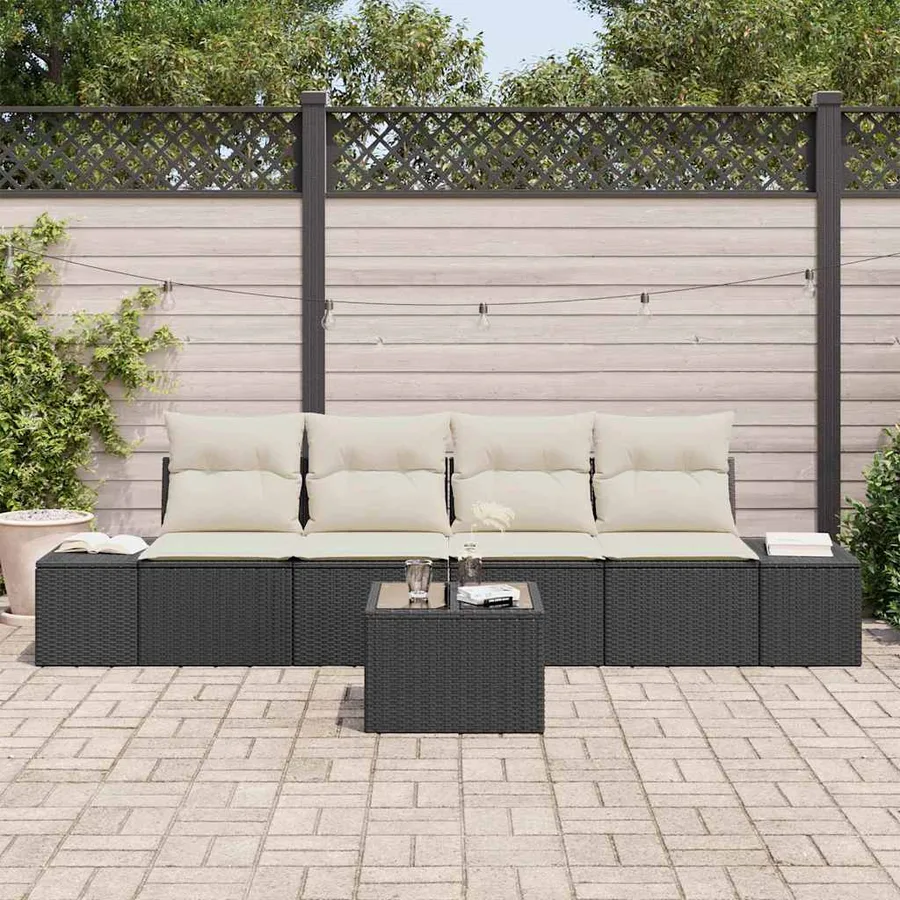 Ensemble de canapé de jardin 5 pcs Noir et Crème polyrotin - 3
