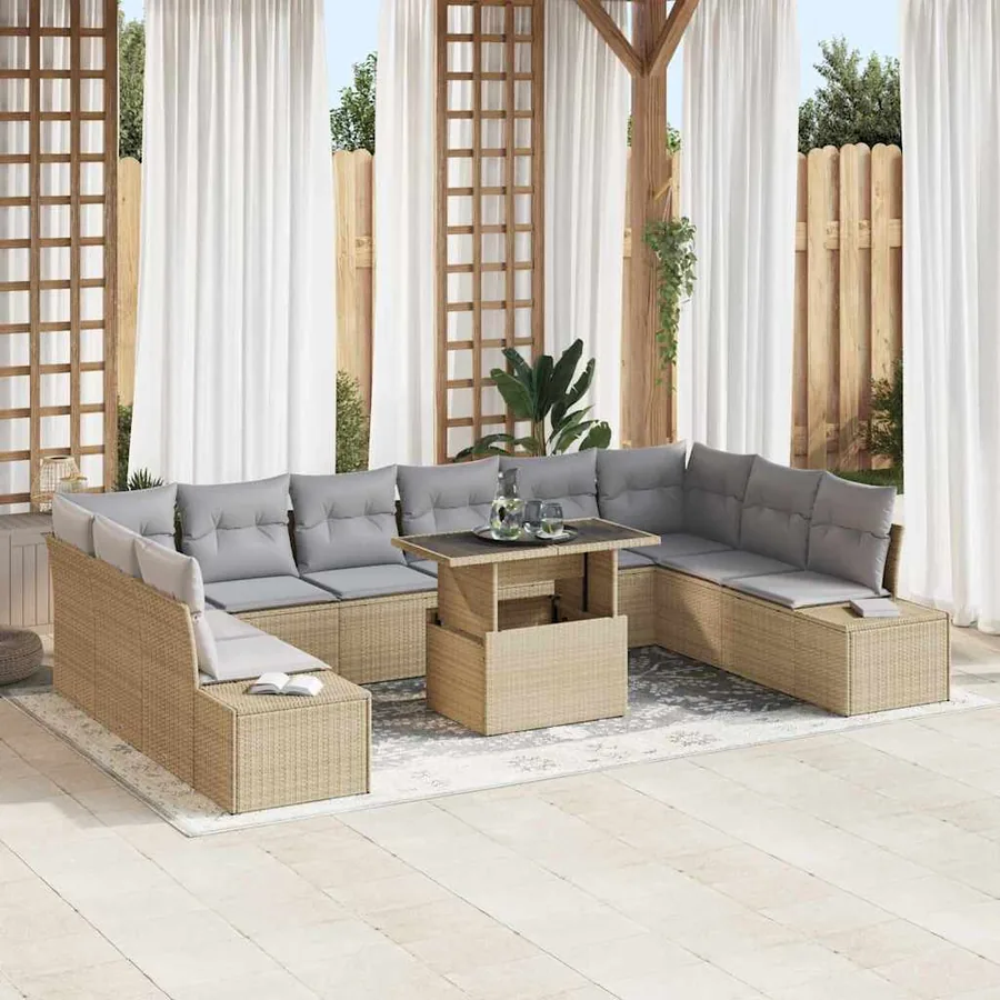 Ensemble de canapé de jardin 11 pcs Beige Poly rotin