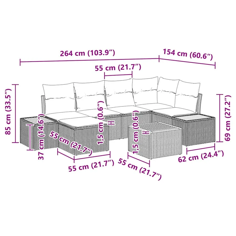 Ensemble de canapé de jardin avec coussin 7 pcs Gris polyrotin - 8