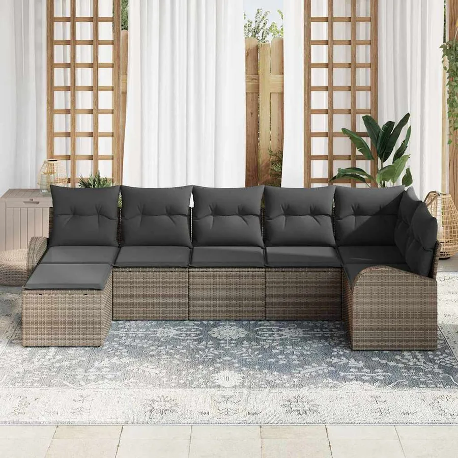 Ensemble de canapé de jardin avec coussin 7 pcs Gris Poly rotin - 3
