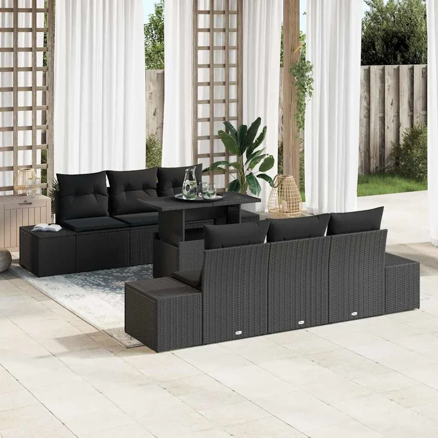Ensemble de Canapés avec coussin 7 pcs Noir polyrotin