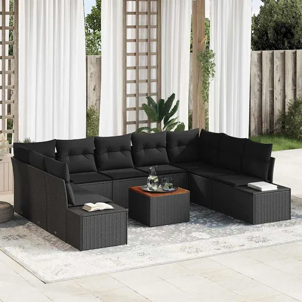 Ensemble de canapé de jardin avec coussin 10 pcs Noir polyrotin