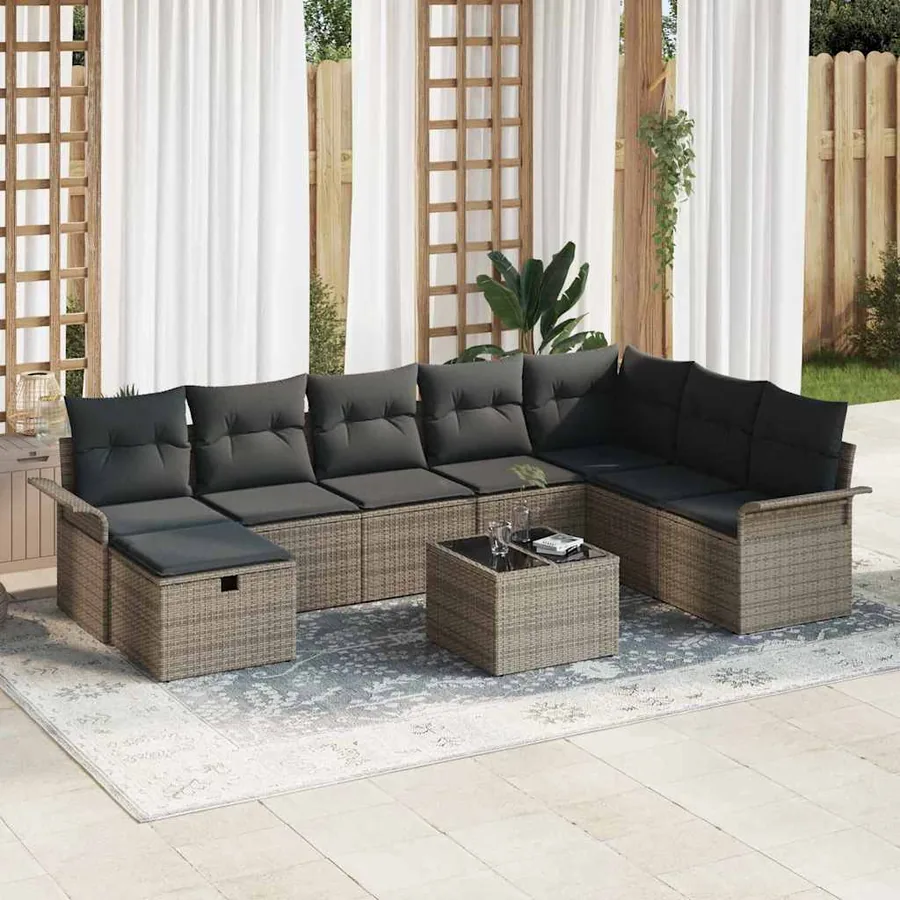 Ensemble de canapé de jardin avec coussin 9 pcs Gris polyrotin