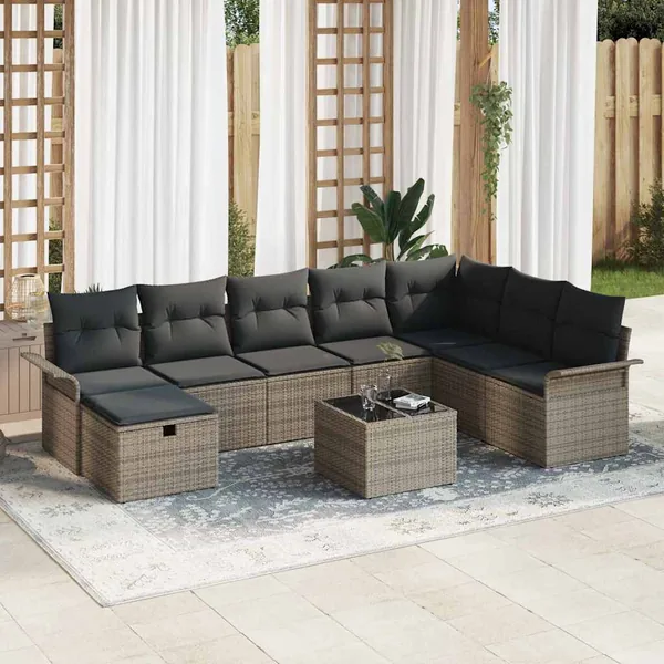 Ensemble de canapé de jardin avec coussin 9 pcs Gris polyrotin