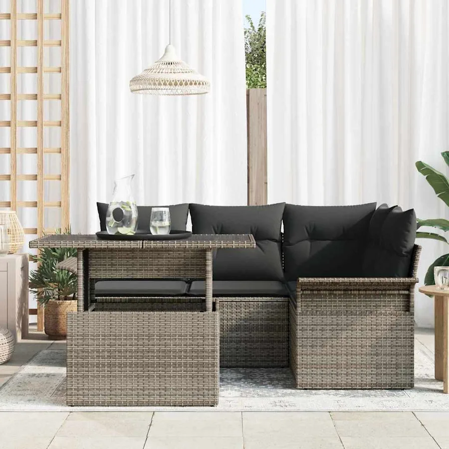 Ensemble de canapé de jardin avec coussin 5 pcs Gris Poly rotin - 3