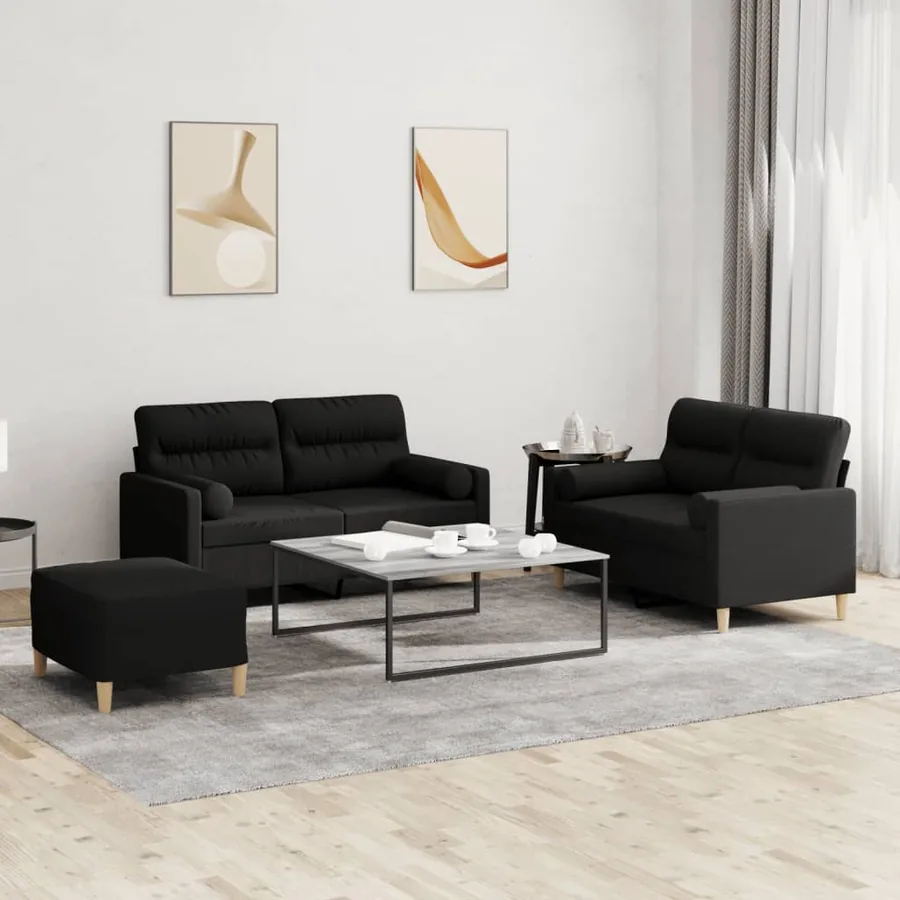 Ensemble de canapés 3 pcs avec coussins noir tissu