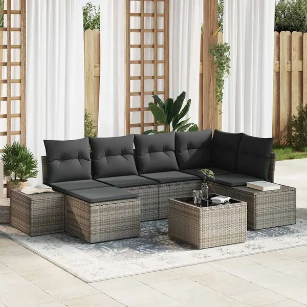 Ensemble de canapé de jardin avec coussin 7 pcs Gris polyrotin