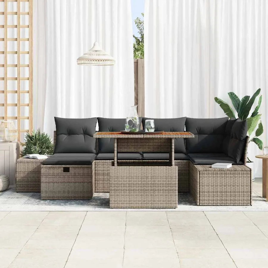Ensemble de canapé de jardin avec coussin 7 pcs Gris polyrotin - 3