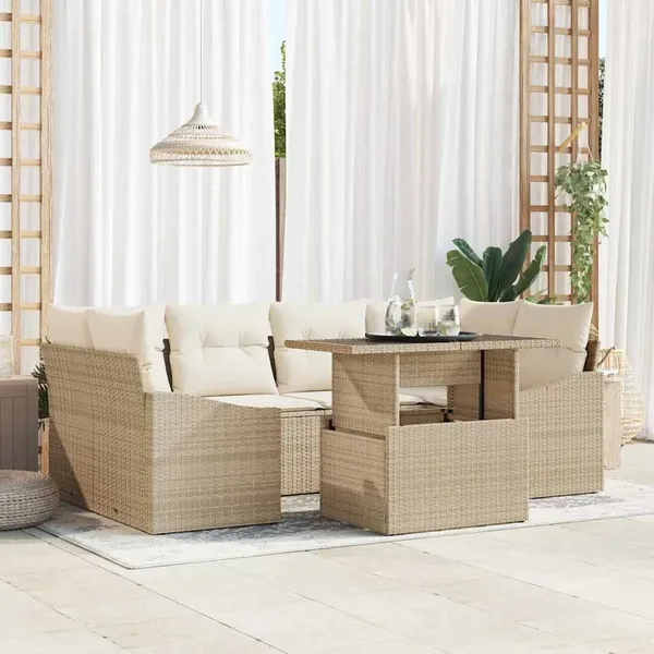 Ensemble de canapé de jardin 7 pcs Beige Poly rotin