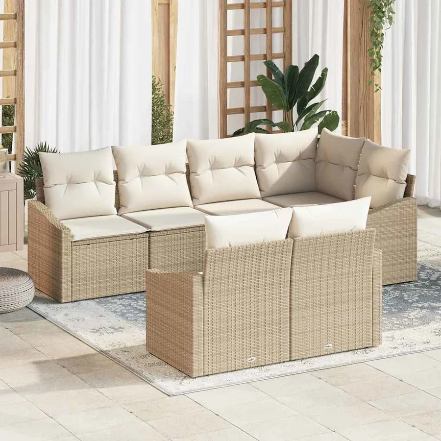 Ensemble de canapé de jardin 7 pcs Beige et blanc polyrotin