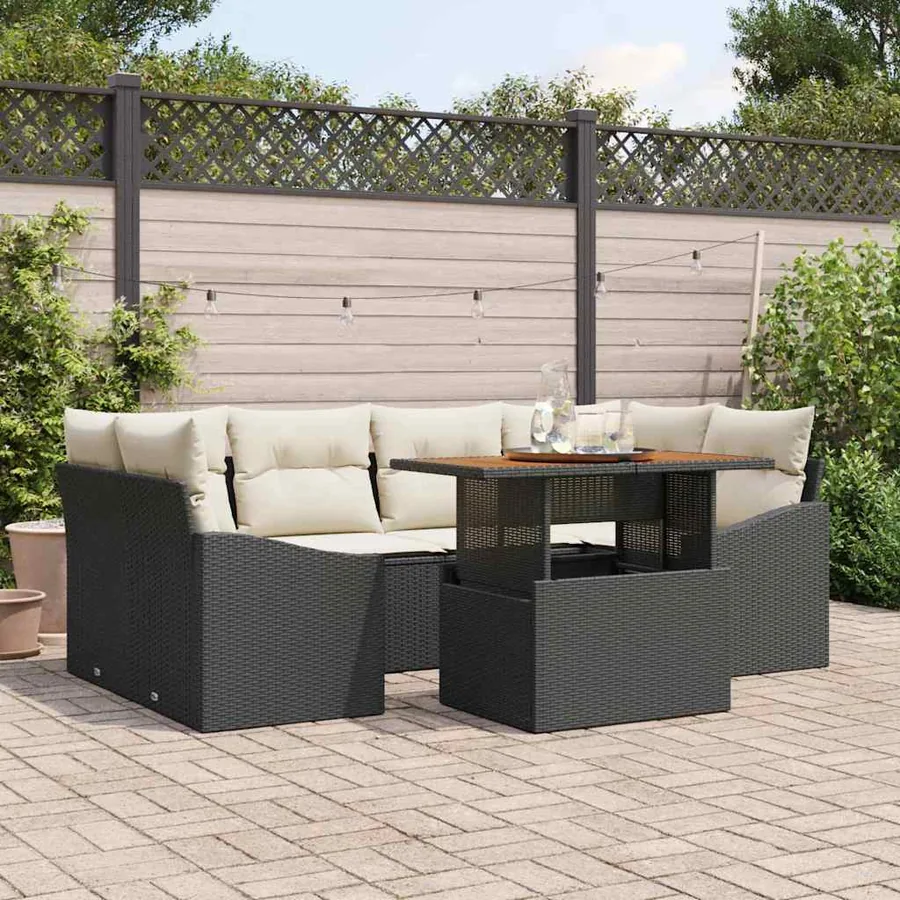 Ensemble de canapé de jardin 7 pcs Noir Poly rotin