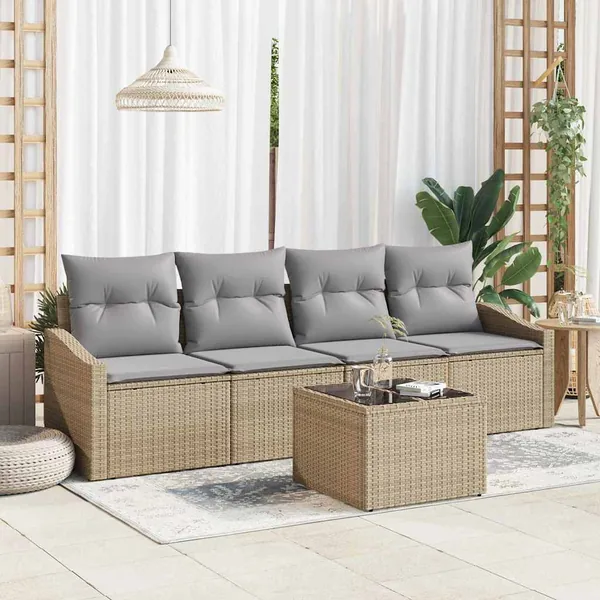 Ensemble de Canapés avec coussin 5 pcs Beige et gris polyrotin
