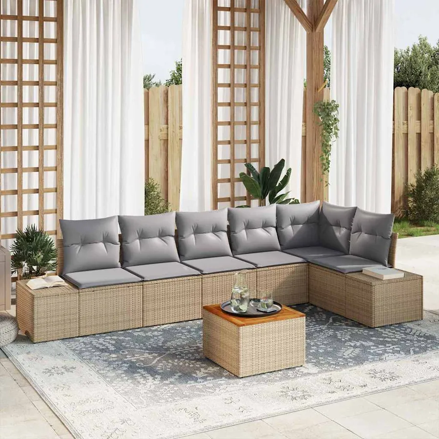 Ensemble de canapé de jardin avec coussin 7 pcs Beige polyrotin