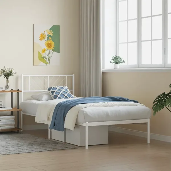 Cadre de lit métal sans matelas avec tête de lit blanc 90x200cm