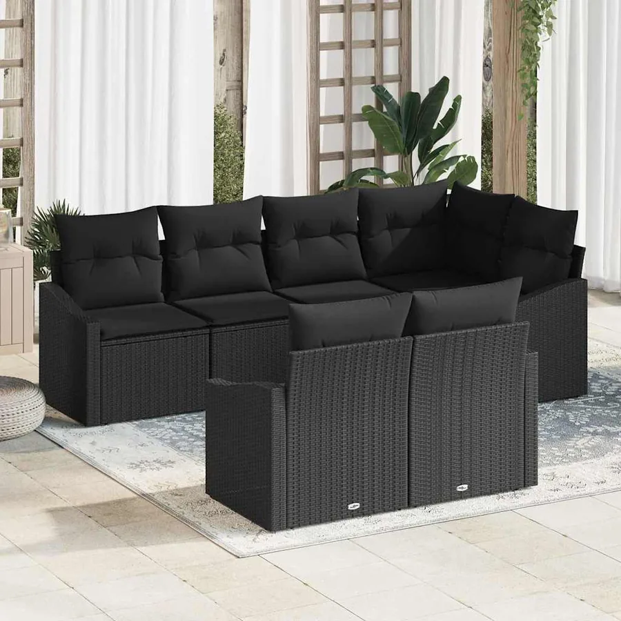 Ensemble de Canapés avec coussin 7 pcs Noir polyrotin