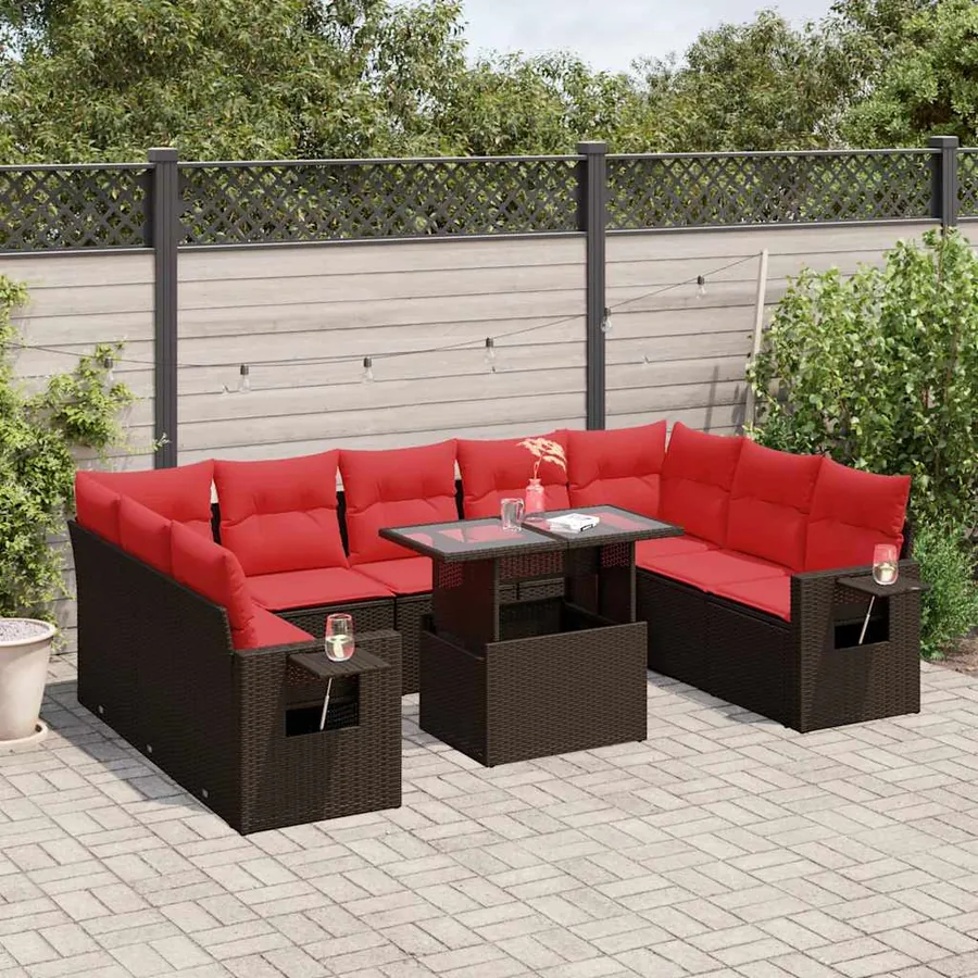 Ensemble de canapé de jardin 10 pcs avec coussins marron résine tressée