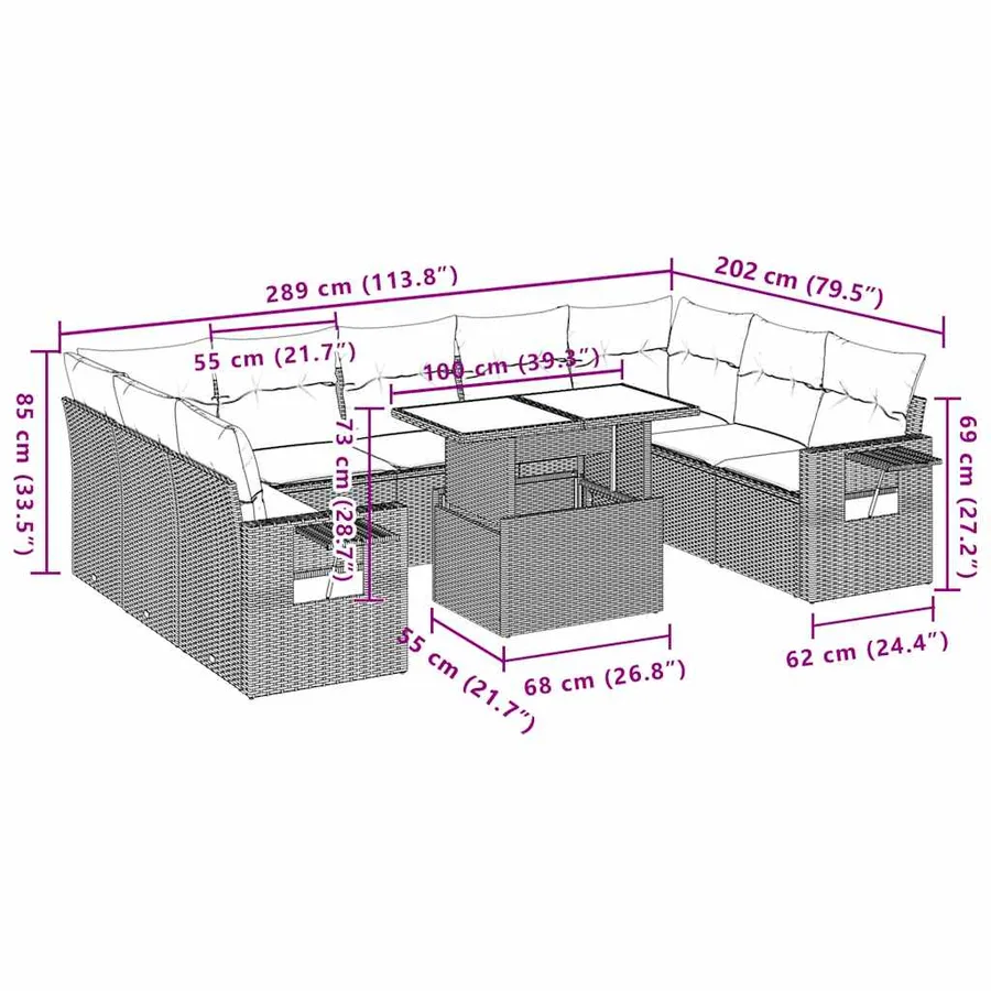 Ensemble de canapé de jardin 10 pcs avec coussins marron résine tressée - 11