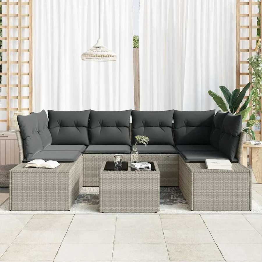 Ensemble de canapé de jardin 7 pcs Gris clair polyrotin - 3