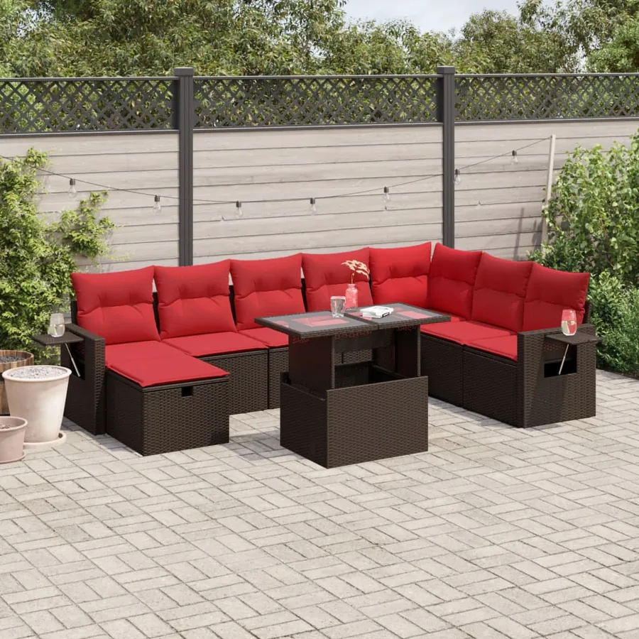 Ensemble de canapé de jardin 9 pcs avec coussins marron résine tressée