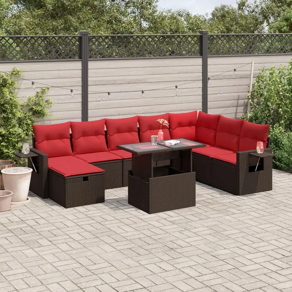 Ensemble de canapé de jardin 9 pcs avec coussins marron résine tressée