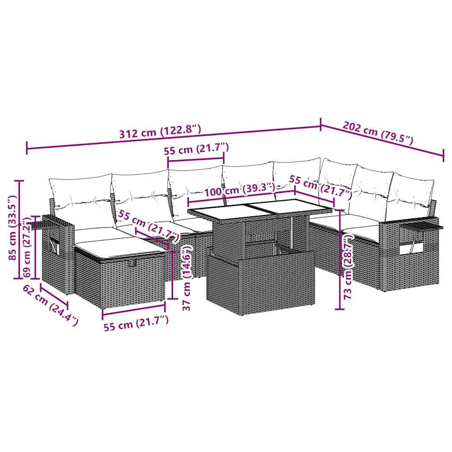 Ensemble de canapé de jardin 9 pcs avec coussins marron résine tressée - 14
