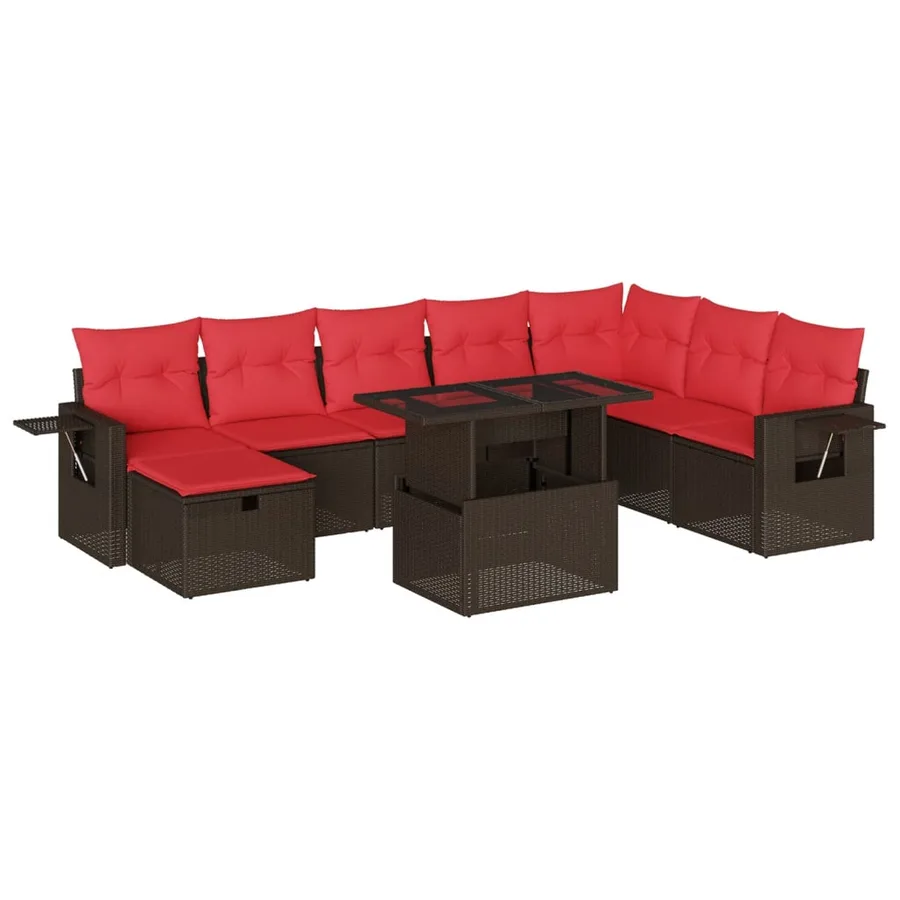 Ensemble de canapé de jardin 9 pcs avec coussins marron résine tressée - 2