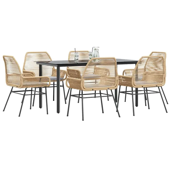 Ensemble à manger jardin coussins 7pcs marron poly rotin verre