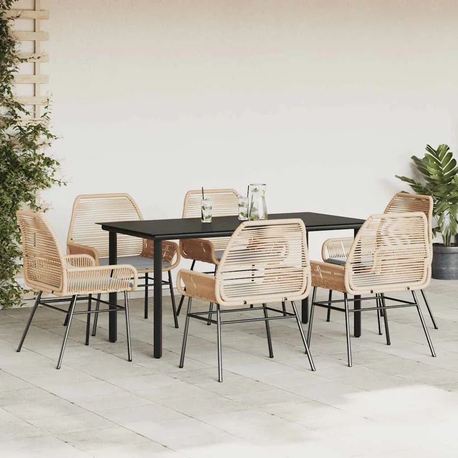 Ensemble à manger jardin coussins 7pcs marron poly rotin verre - 3