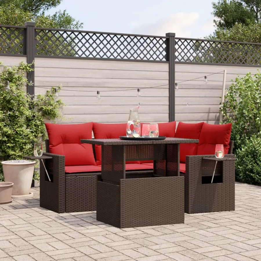 Ensemble de canapé de jardin 5 pcs avec coussins marron résine tressée