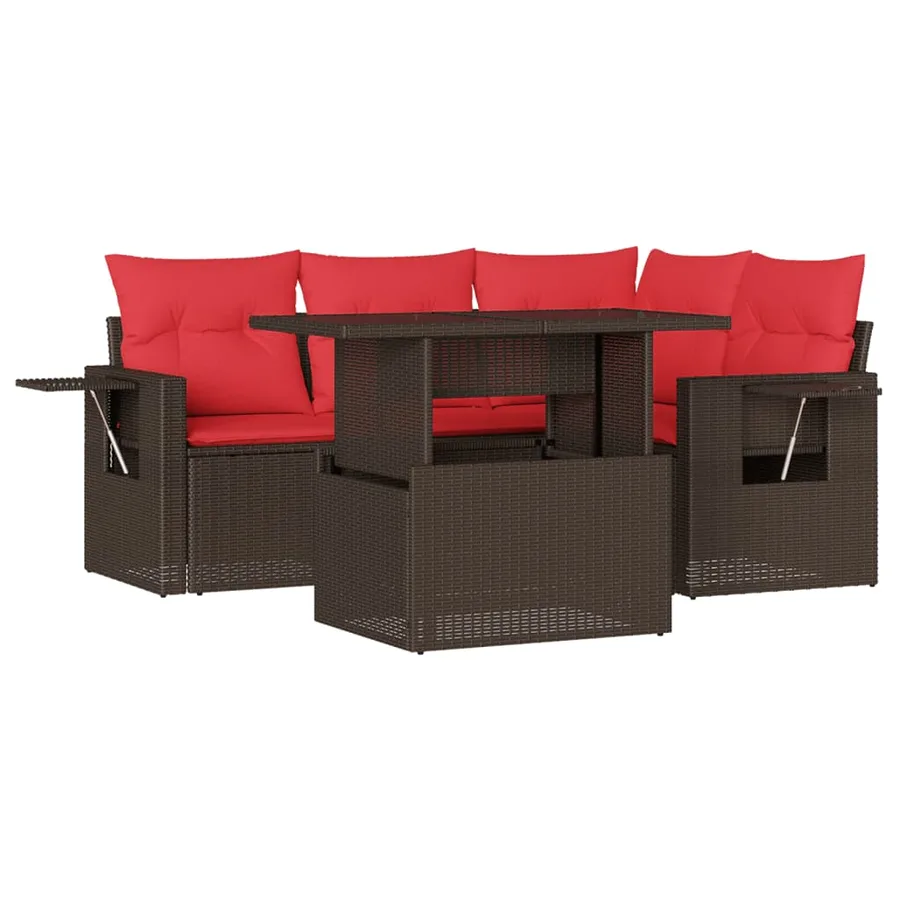 Ensemble de canapé de jardin 5 pcs avec coussins marron résine tressée - 2