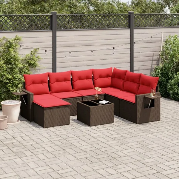 Ensemble de canapé de jardin 8 pcs avec coussins marron résine tressée