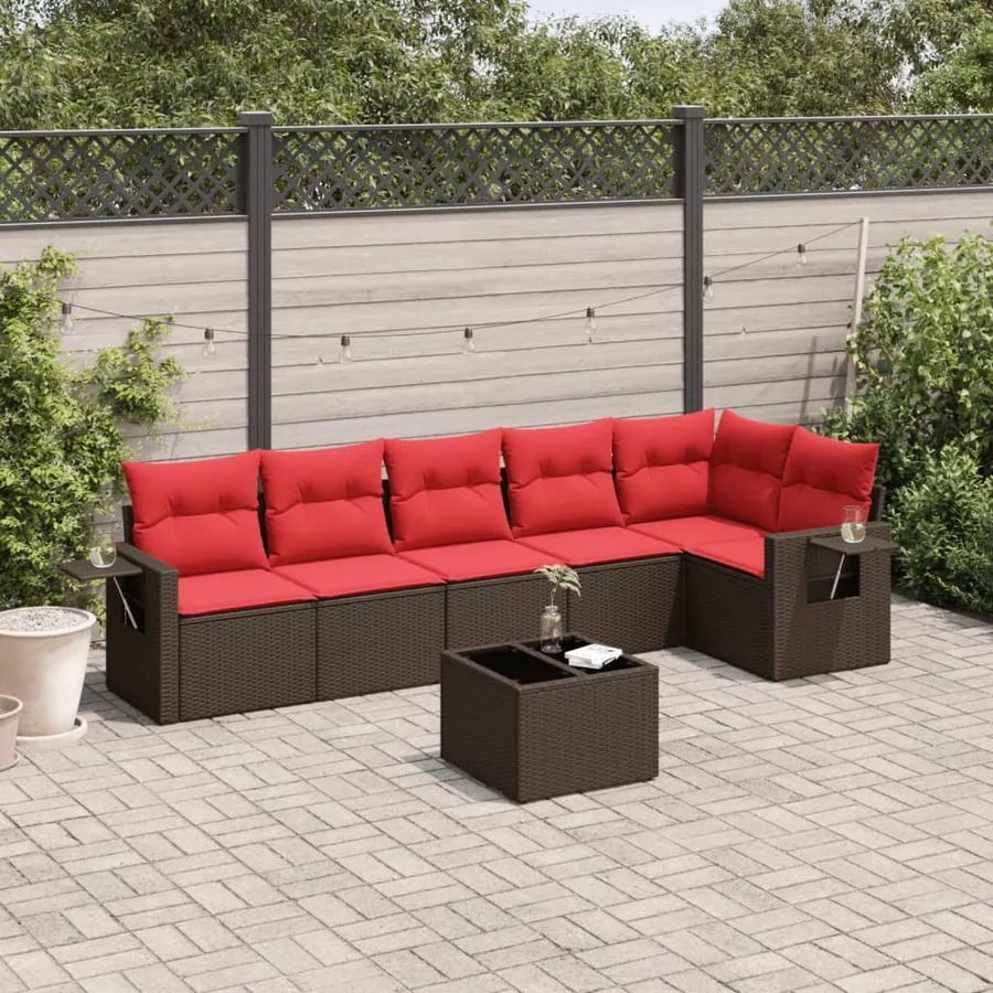 Ensemble de canapé de jardin 7 pcs avec coussins marron résine tressée