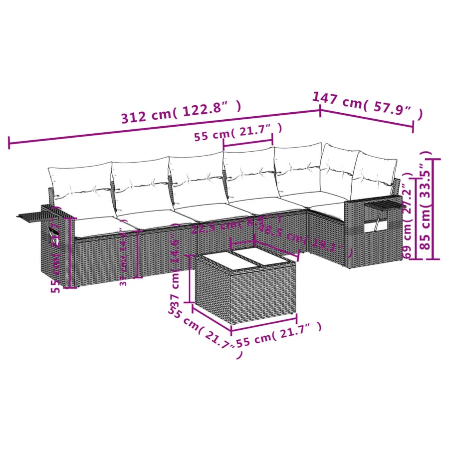 Ensemble de canapé de jardin 7 pcs avec coussins marron résine tressée - 9