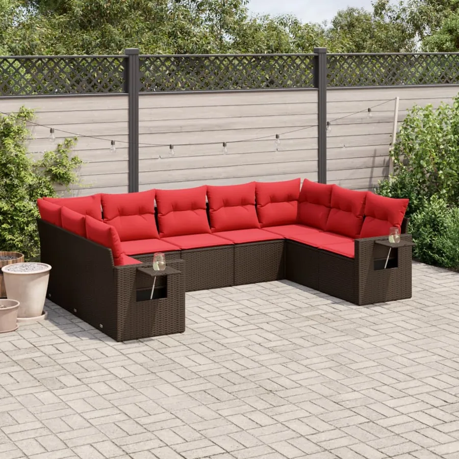Ensemble de canapé de jardin 9 pcs avec coussins marron résine tressée