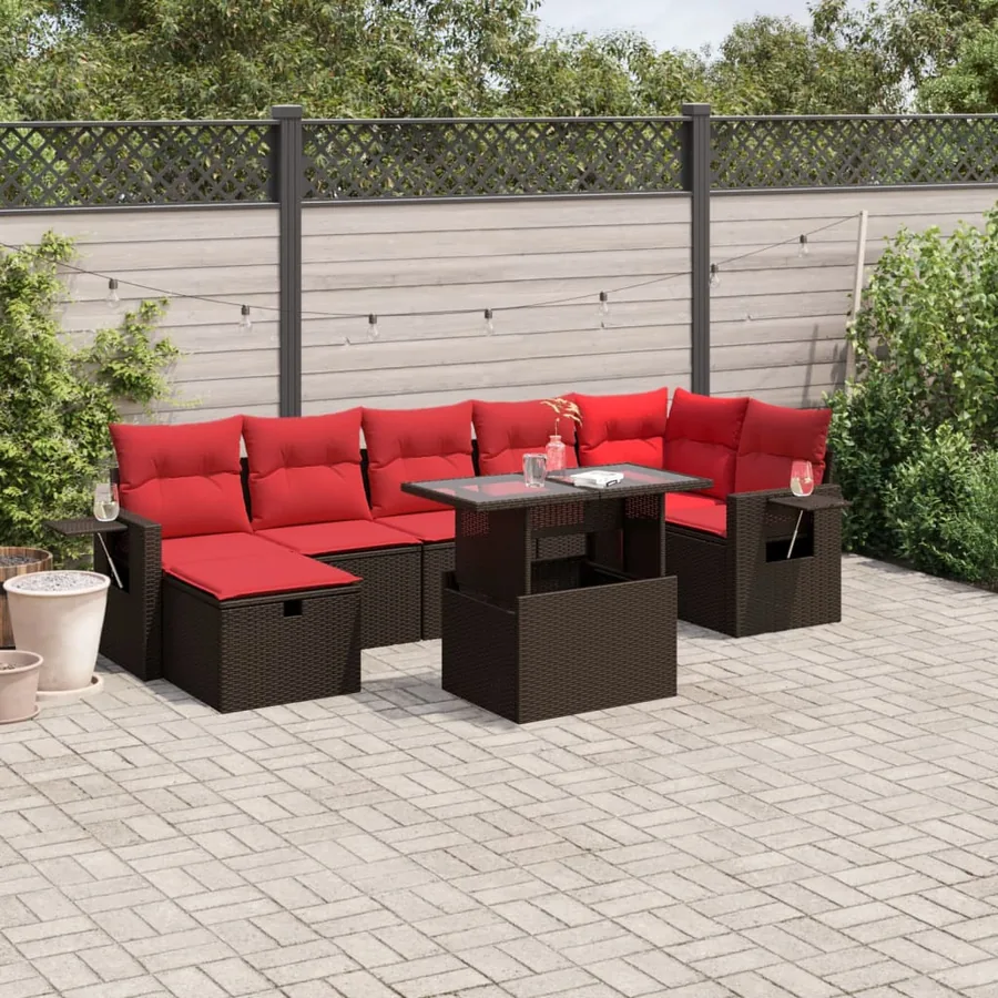 Ensemble de canapé de jardin 8 pcs avec coussins marron résine tressée