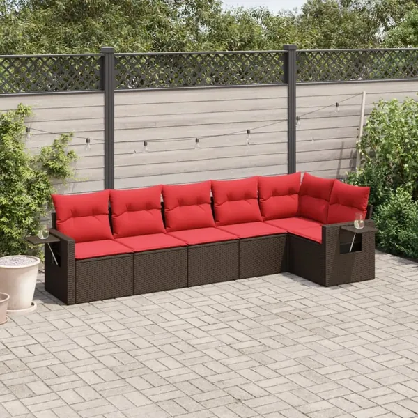 Ensemble de canapé de jardin 6 pcs avec coussins marron résine tressée